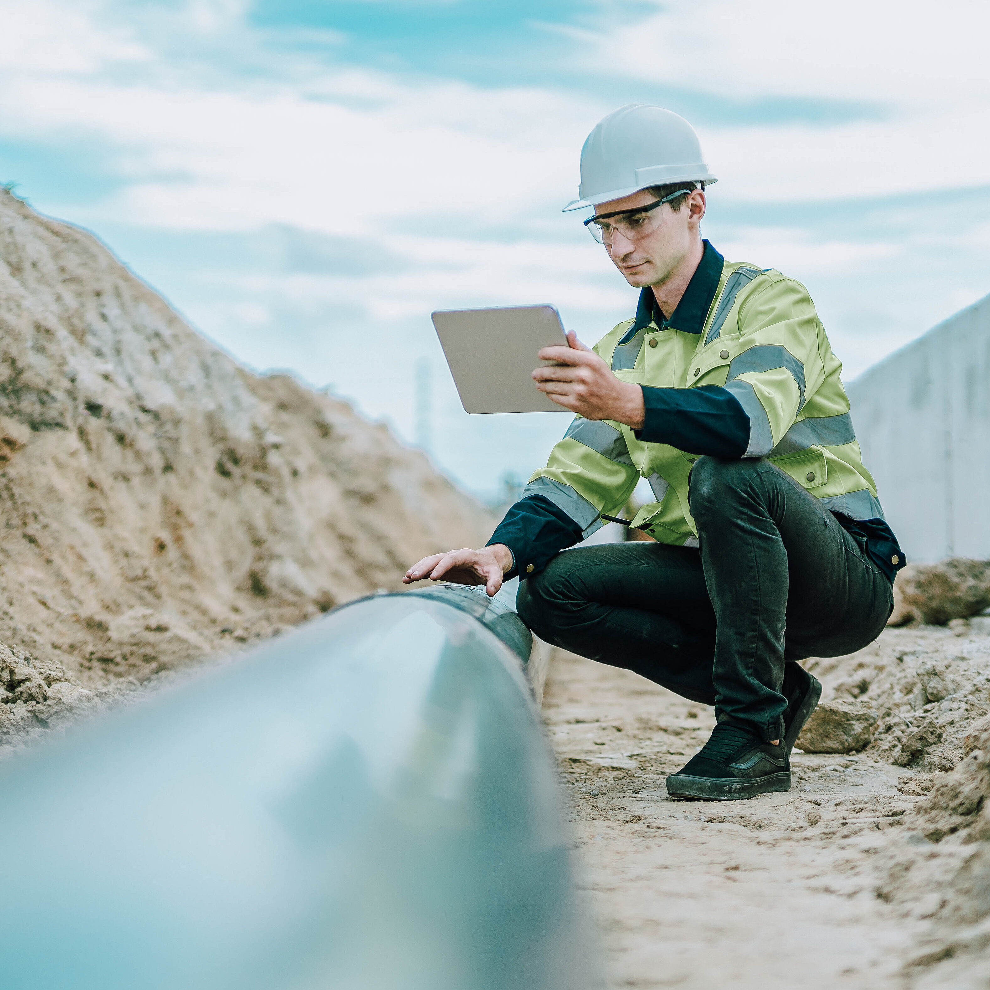 Arbeiter auf Baustelle in Hocke mit Tablet in der Hand